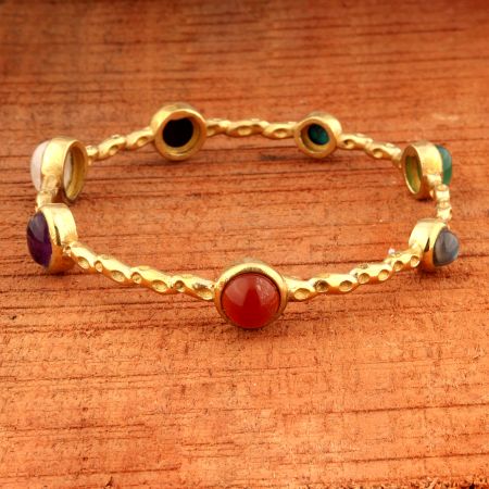 Natural Multi gemstone bangle for women, brass 22k gold plated jewelry